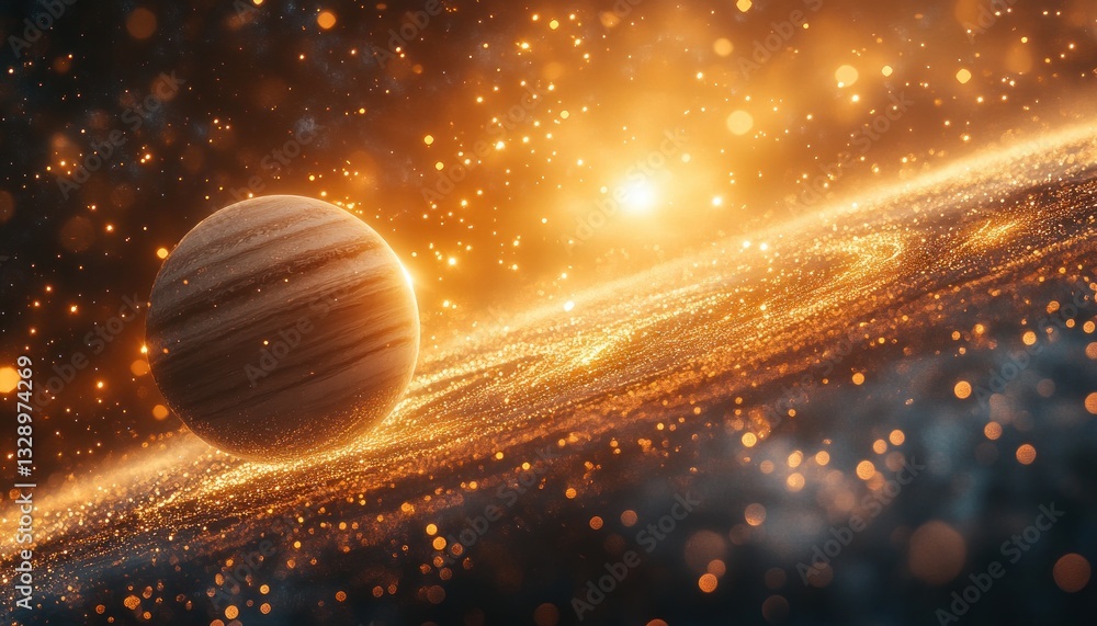 Poster surreal planetary system with ringed planet surrounded by celestial objects