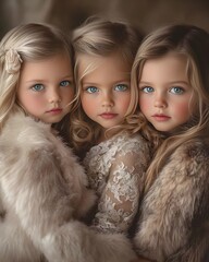 The image is a portrait of three young girls with blonde hair and blue eyes. They are all wearing fur coats and are posing for the camera. The girl on the left is wearing a white fur coat with a flowe