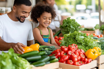 A father and daughter enjoy a cheerful day at the farmer's market, selecting fresh vegetables and smiling together. The vibrant colors of the produce create a lively atmosphere