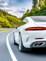 Naklejka premium White Sports Coupe Driving on Scenic Forest Road