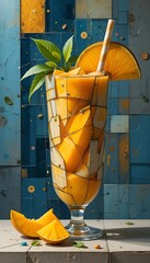 The image is a digital illustration of a tall glass filled with a yellow-orange drink. The glass is made up of small squares and rectangles, creating a mosaic-like pattern. The drink has a slice of or