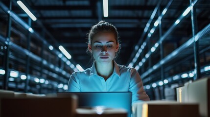 Illuminated Female Associate Working in a Stockroom on Laptop