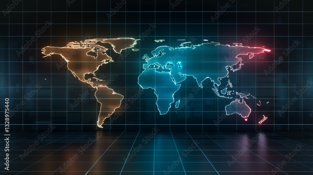 Poster illuminated world map: an artistic display of a world map rendered with a neon-like glow, presented 