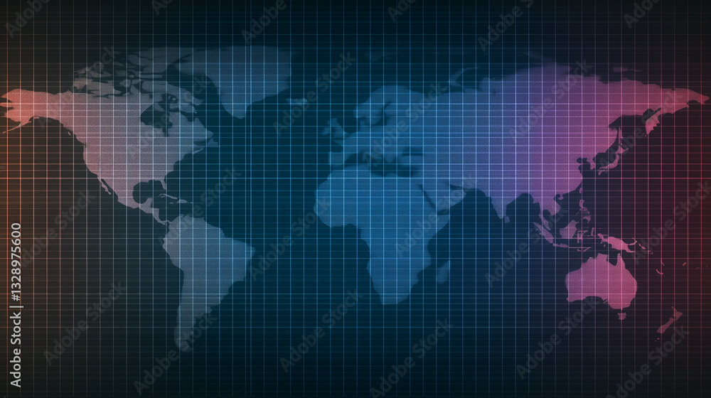 Poster world map in neon grid: the world map, rendered in a captivating neon grid with a gradient, presenti