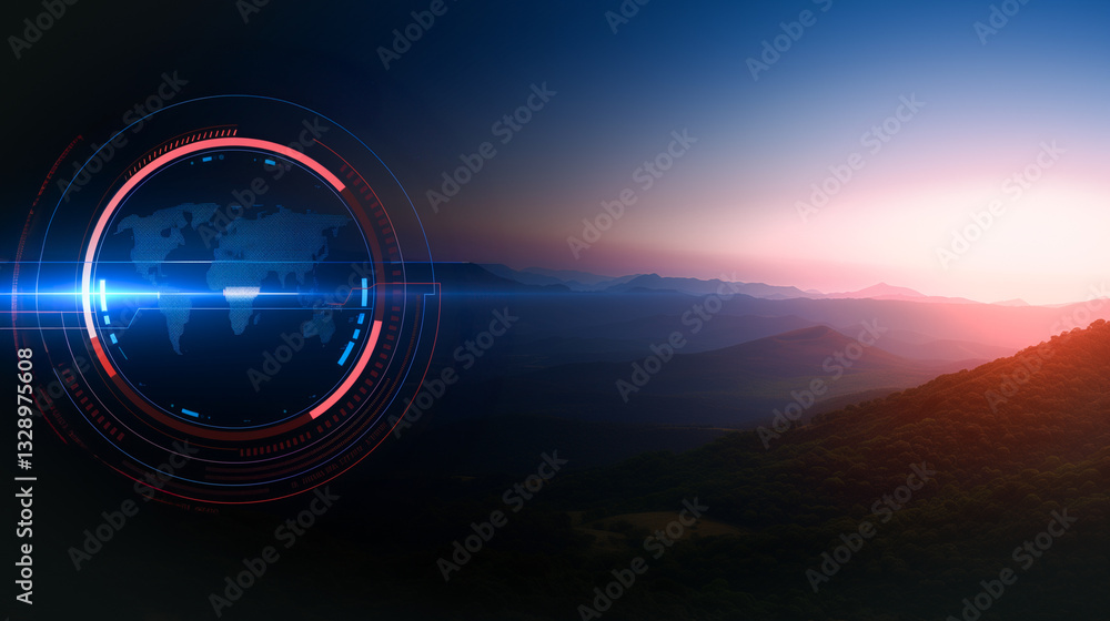 Poster global network and mountain view: a striking digital interface with a world map design overlays a pi