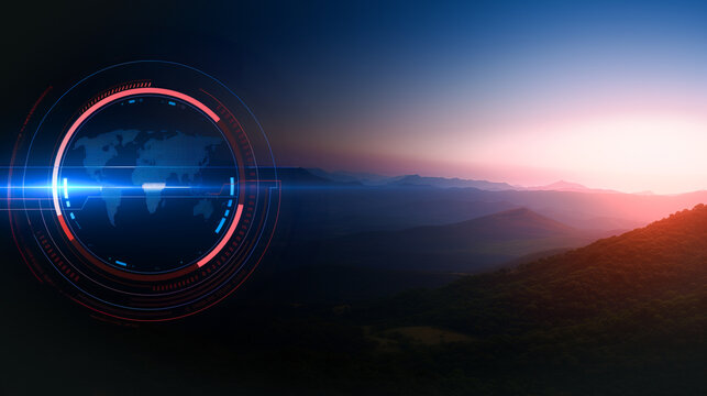 Global Network and Mountain View: A striking digital interface with a world map design overlays a picturesque mountain landscape, blending technology with the serene beauty of nature.