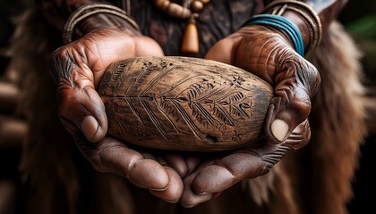 Weathered hands of a village elder holding a carved bone artifact, symbolizing ancestral wisdom and deep cultural heritage