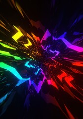 A burst of vibrant, jagged shapes radiates from a central point against a dark backdrop, creating a dynamic, abstract explosion of color and light.
