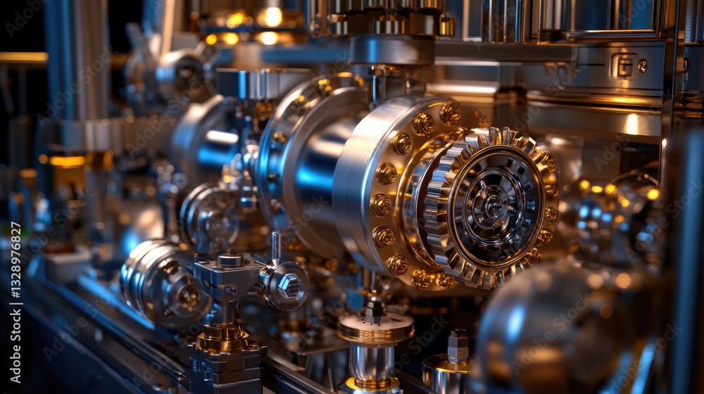 Poster close-up of intricate metallic machinery with shiny components