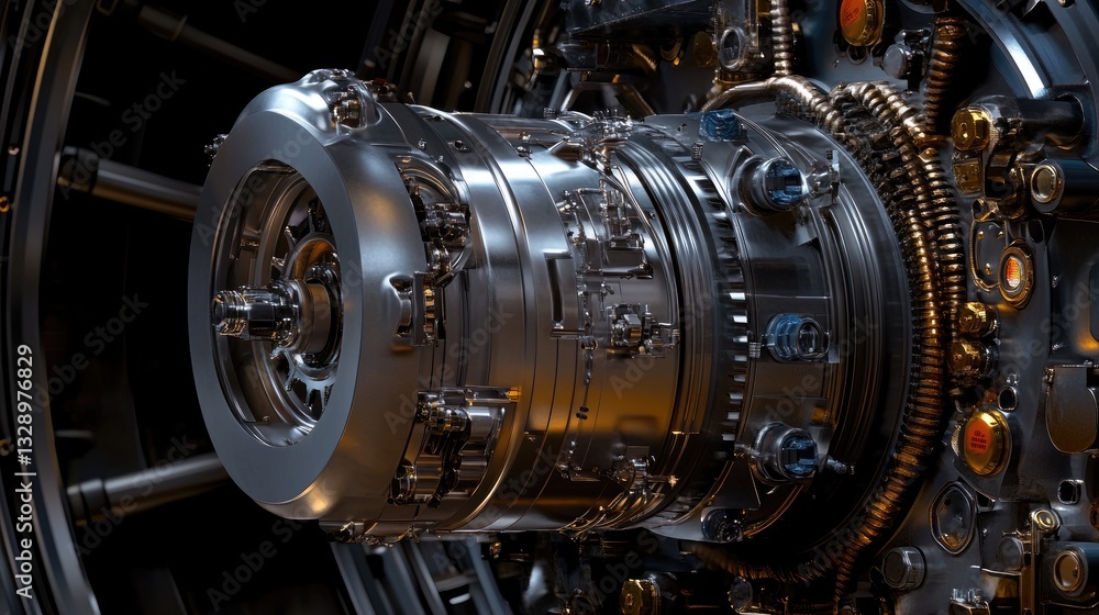 Poster detailed close-up of shiny mechanical engine component in dark setting