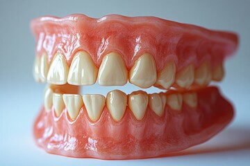 highly detailed ceramic dental dentures upper lower jaws for fixation on four implants on a white background