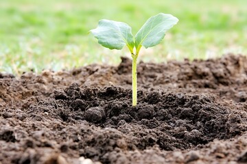 A young seedling is growing out of the dark soil