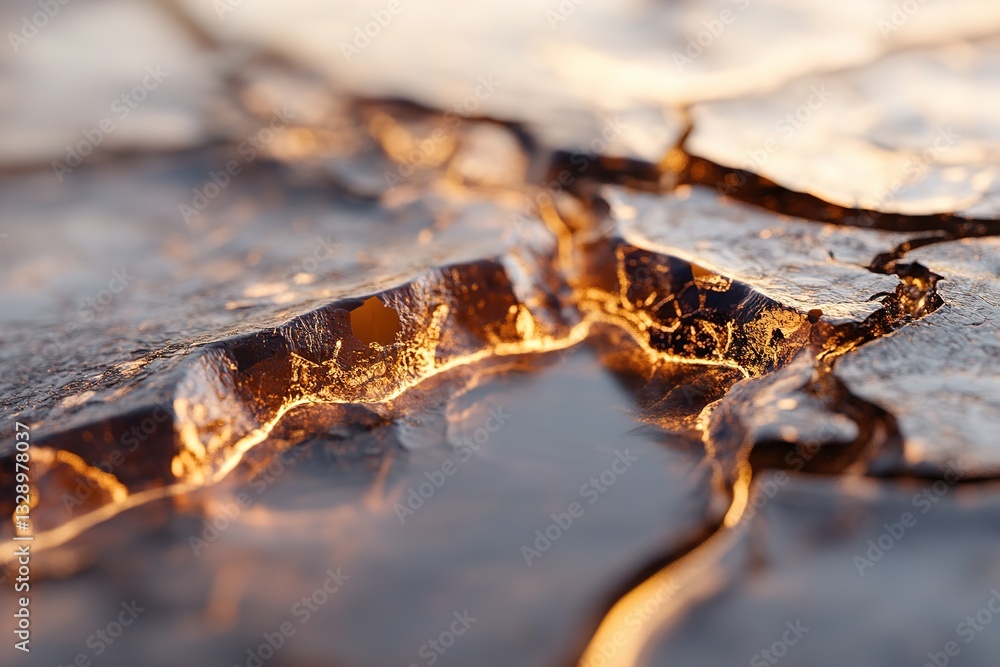 Poster fascinating view of amber's microscopic surface highlights an intricate web of cracks and golden tex