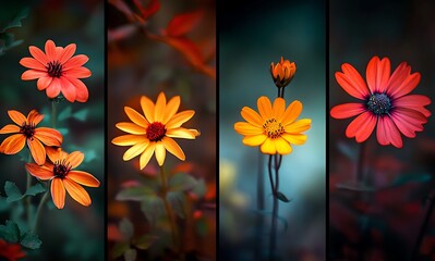 Obraz premium Vibrant Floral Collage with Red Orange and Yellow Blooms on a Dark Background
