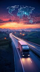 Truck on night highway with luminous global grid layer.