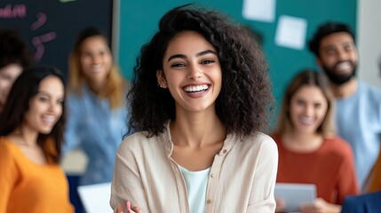 Fototapeta premium Group of laughing teammates take part in briefing led by young Indian woman, stand in front of colleagues joking, make speech looks hilarious, enjoy communication, friendly relationships at workplace 