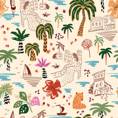 Tropical summer vibes with palm tree, sea island, sail boat, coastal urban sketching, ocean, hibiscus flower. Cute hand-drawn vector seamless pattern, background, fabric, textile, wallpaper, print.