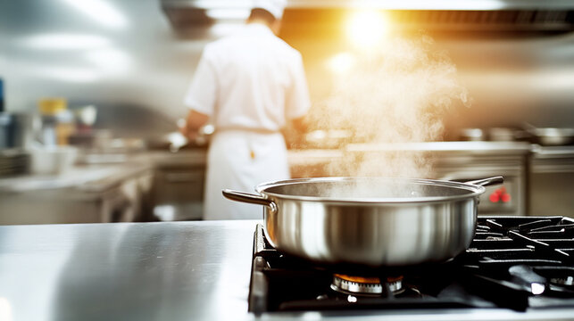 Culinary Symphony: A stainless steel pot simmers on a gas stove, steam rising invitingly, while a chef works diligently in the background, embodying the heart of the kitchen.