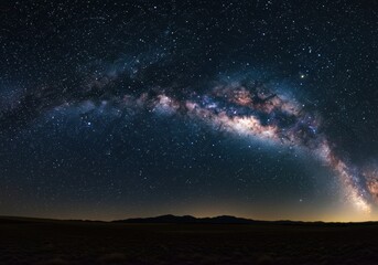 Breathtaking view of the Milky Way galaxy arching across a star-filled night sky, with its luminous core of pinks and blues contrasting against the dark cosmos and silhouetted mountain range below.