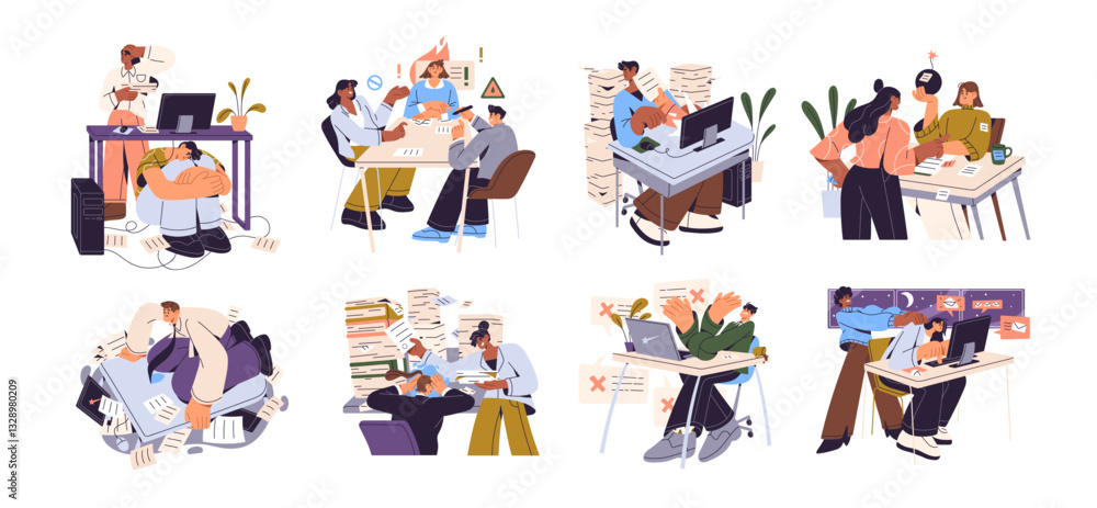 Poster concept set of employees are exhausted by overwork. tired office workers with fatigue, burnout from 