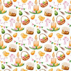 Easter Pattern Celebration – Watercolor Illustration of Eggs, Candles, Chicks, Baskets, Bread, Bows, and Feathers for Spring Renewal and Religious Symbols