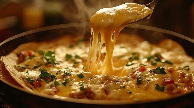 A close-up of steaming hot queso being drizzled from a spoon onto a sizzling plate of tacos, cheese melting instantly on contact, deep rich lighting, cinematic warmth, ultra-high detail,