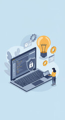 Cyber Security Idea: Secure Code Development, Protected Laptop, Innovation, Data Privacy, Woman Programmer, Web Development, Online Safety