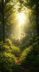 Fototapeta premium A sunlit path winds through a lush forest, with vibrant purple flowers lining the way. Golden light filters through the trees, creating a magical atmosphere.
