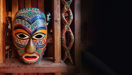Fototapeta premium Vibrant tribal mask with intricate details, displayed on a wooden shelf in a rustic hut, symbolizing cultural heritage and spiritual power