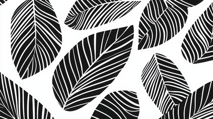 A monochromatic pattern of stylized leaves, featuring intricate line work against a white background, evoking a sense of nature and design.