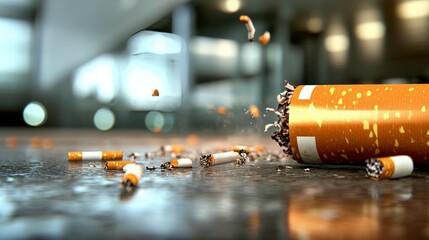 Broken cigarette pack spilling cigarettes and debris on a reflective surface in a modern indoor environment