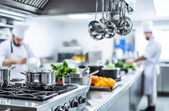 Culinary Craft: A vibrant kitchen scene where chefs are bustling around, focused on creating dishes, and the cooking equipment ready for use.