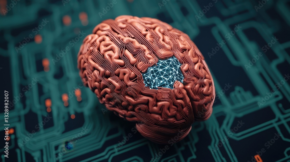 Poster a digitally rendered brain on a circuit board, symbolizing the intersection of neuroscience and tech