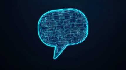 A glowing, digital speech bubble filled with text, representing communication and technology in a modern context.
