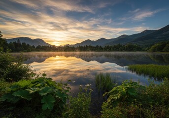 Obraz premium Tranquil lake at dawn with mist rising, reflecting a colorful sky and mountain silhouettes. Lush greenery frames the serene scene, evoking peace and calm.
