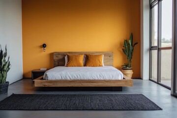 Modern bedroom with wooden bed, orange wall, and plants.