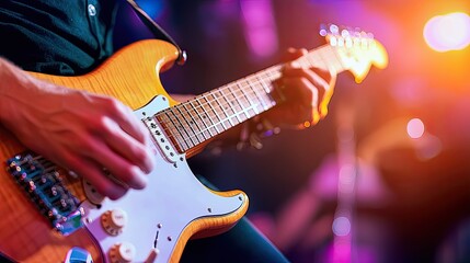 Fototapeta premium Close-up of a guitarist playing an electric guitar on stage with colorful lights.