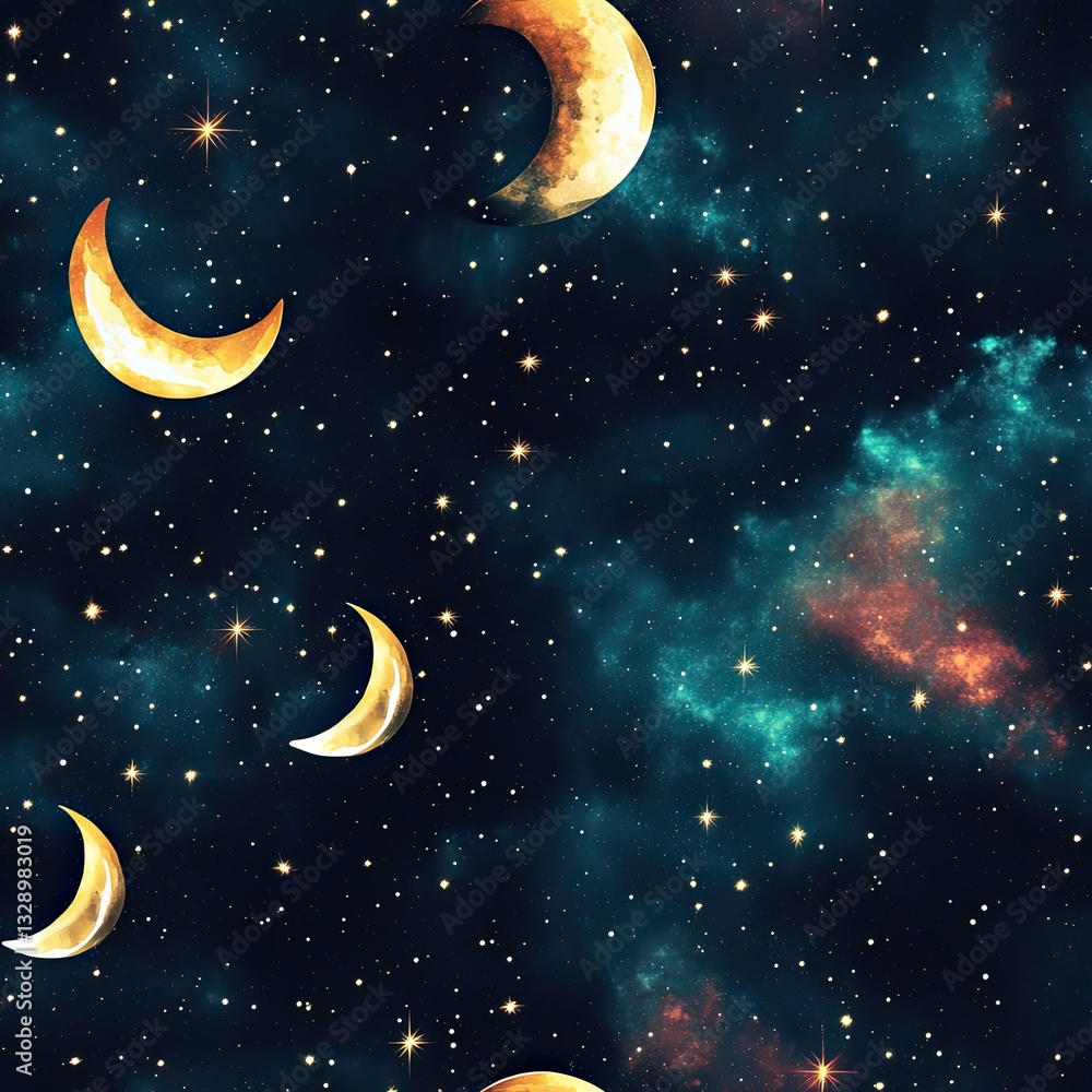 Aufkleber crescent moons and nebula patterns cosmic space background image