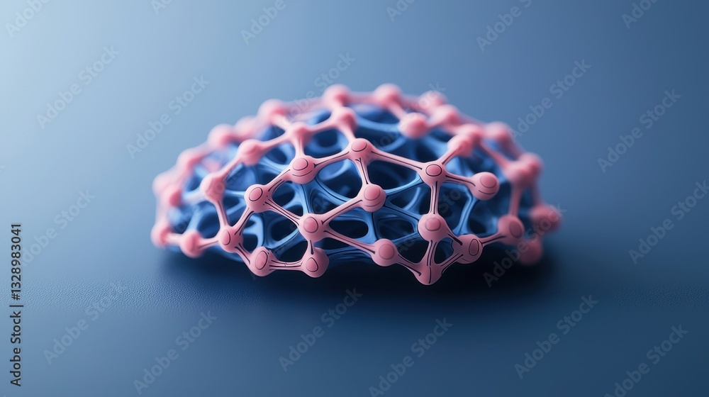 Poster a colorful, abstract, three-dimensional structure resembling a molecular model, featuring a network 
