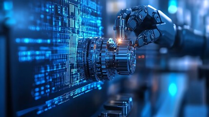 Robotic arm interacts with complex machinery displayed on a digital screen.