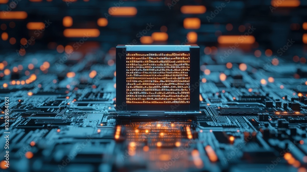 Poster a glowing circuit board with a central processor, showcasing intricate patterns and vibrant colors, 
