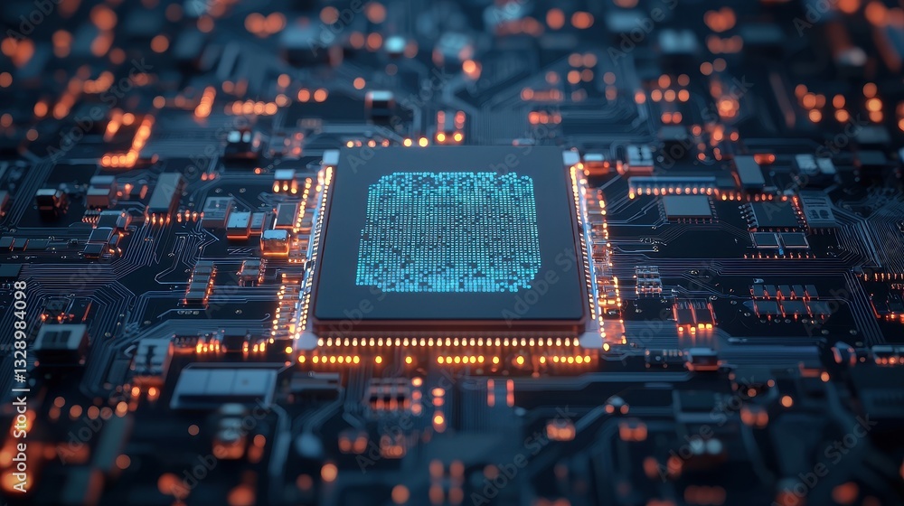 Poster a futuristic circuit board with glowing elements, showcasing a central processor surrounded by intri