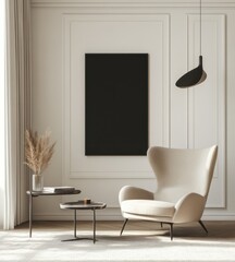 Modern beige armchair, side table, pampas grass, black artwork, and pendant lamp in minimalist interior.