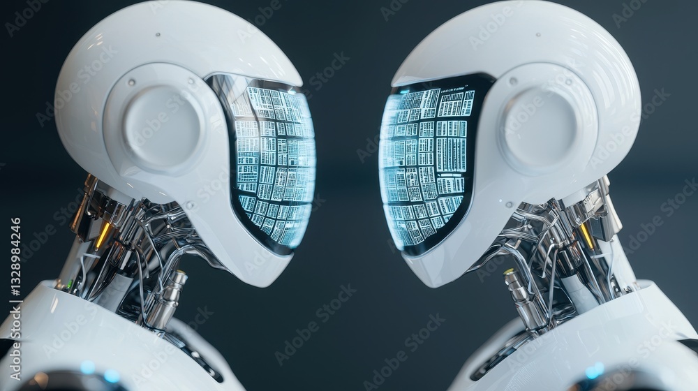 Poster two futuristic robots with glowing screens for faces face each other, showcasing advanced technology