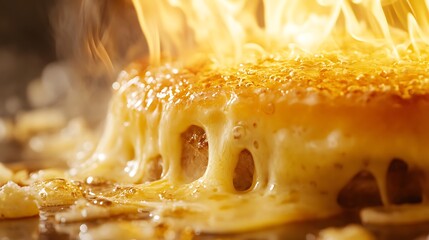 A dramatic slow-motion shot of molten raclette cheese cascading onto a gourmet burger, cheese glistening under warm golden lighting, rich food textures, cinematic composition,