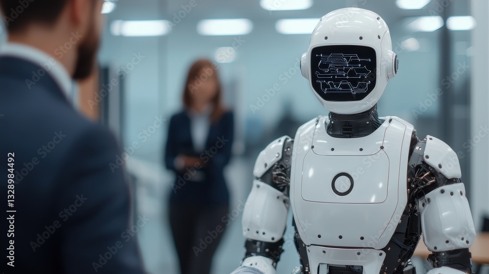 Poster a humanoid robot interacts with a person in a modern office environment, showcasing advancements in 