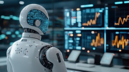 A futuristic robot observes digital data on screens, reflecting advancements in technology and artificial intelligence.
