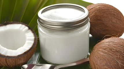 Coconut oil jar surrounded by coconuts and tropical leaves on white backdrop