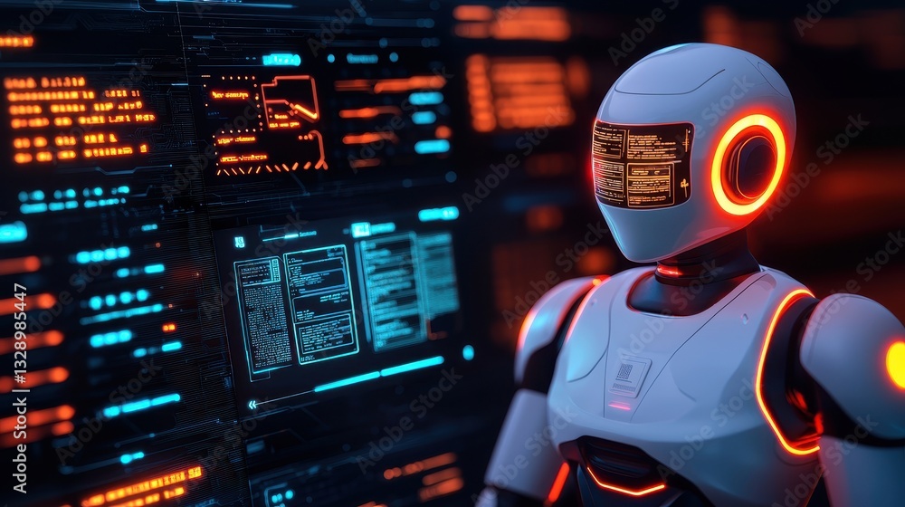 Aufkleber a futuristic robot stands in front of glowing digital screens, showcasing advanced technology and ar