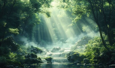 Mystical Forest Landscape with Lush Greenery Surreal Rock Formations Dreamlike Atmosphere Soft Sunlight
